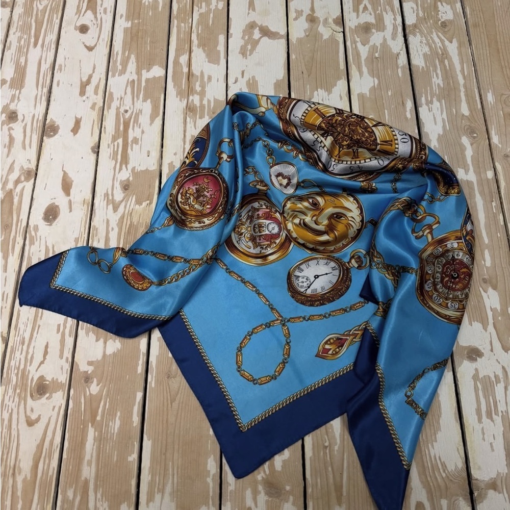 Vintage-Inspired Silk-Feel Scarf – Teal & Gold Ornate Timepiece Print - Picture 4 of 4